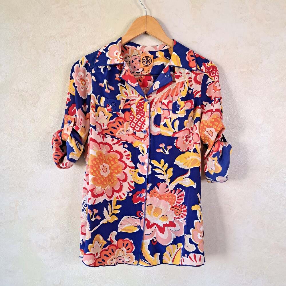 Tory Burch Silk Floral Roll Tab Blouse Top Size 4 Blue Pink Button Front - Picture 6 of 10